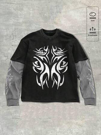 Goth Maglietta casual da uomo a maniche lunghe con stampa 2 in 1