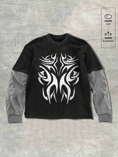 Goth Maglietta casual da uomo a maniche lunghe con stampa 2 in 1