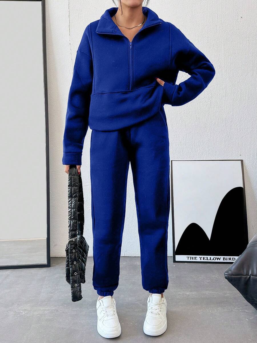 SHEIN Cottnline Half Zipper Drop Shoulder Sweatshirt Set With Jogger Pants,Winter,Fleeze - Royal Blue - View 1