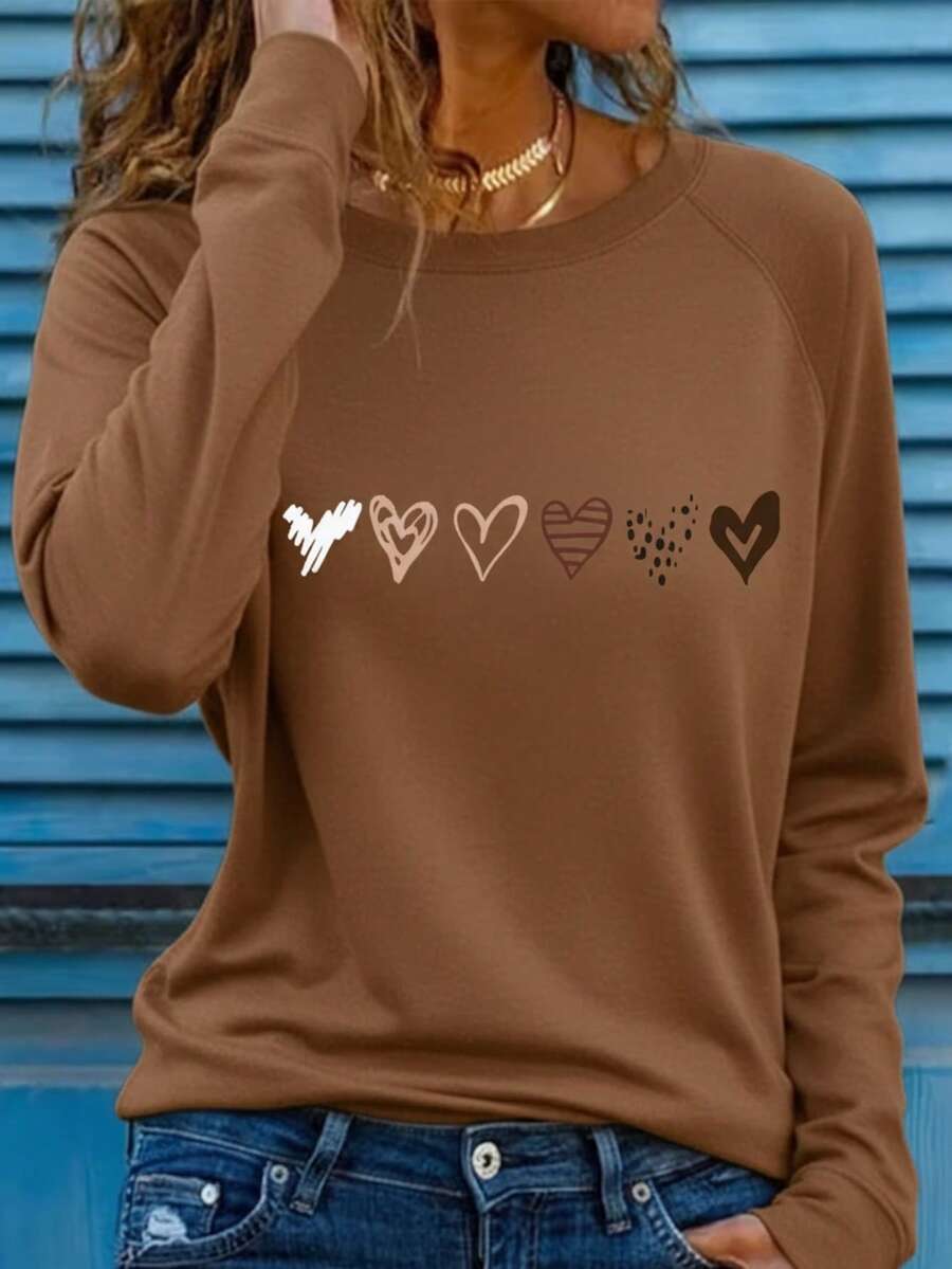Mujer casual camiseta estampado gráfico love corazón amor día san valentín cerezas cereza enamorados pareja linda tierna cute rayas rayones dibujo letras creativo ajuste regular cuello redondo manga larga primavera erano uso diario comoda fresca ligera - Cafe - Ver 1