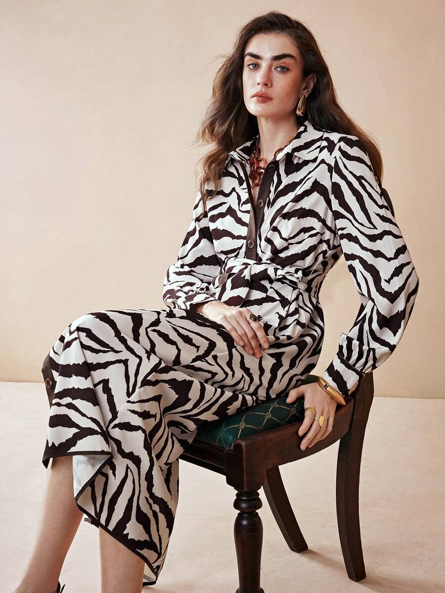 Arave 女士复古条纹翻领衬衫裙，收腰设计，优雅派对礼服 - 黑與白 - 查看 1