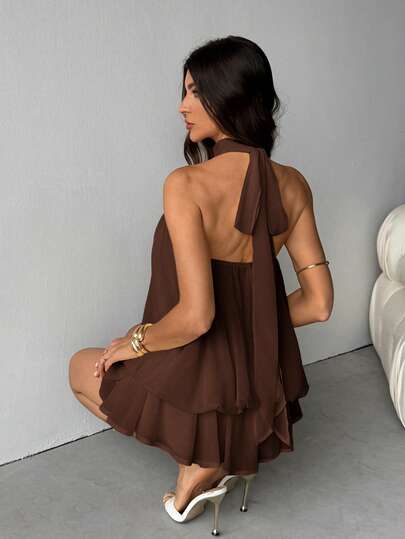 SHEIN Tall 女士优雅浅黄色吊带系带迷你连衣裙，适合派对、约会、秋冬季、春夏季穿着