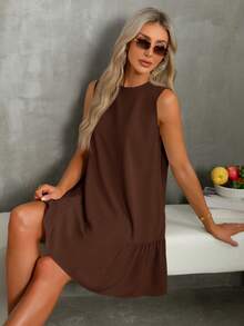 SHEIN Essnce Summer Women Dresses A-Line Round Neck Dress Sundress Mother Day Dress Casual Dress Brown Dress Women Ruffle Hem Dress Brown Sundress Drop Waist Dress Coffee Brown Dress - Coffee Brown - View 5