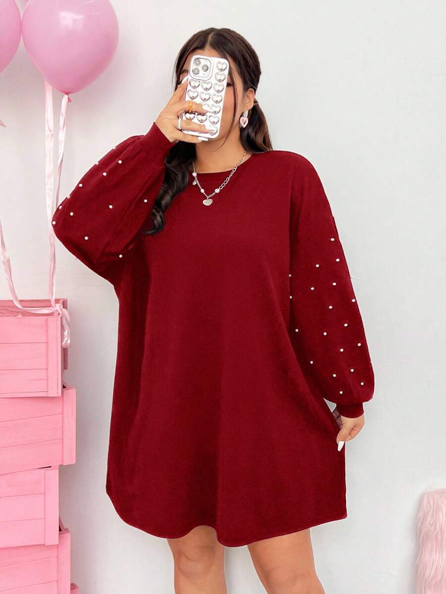 SHEIN EZwear 女士加大码落肩宽松黑色连衣裙 - 玫瑰紅 - 查看 1