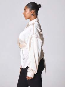 MUSERA Plus Size Satin Wraparound Long Sleeve Shirt Cute Spring Sexy Night Out Evening Party - Apricot - View 3