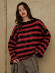 COUREZ 超大号条纹套头衫/ Y2K 秋冬女装朋克风毛衣舒适冬季外出长袖上衣新年 - 黑色 - 查看 4