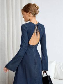 Siren Gaze 女士纯色休闲长袖牛仔连衣裙 - 深色水洗藍 - 查看 3