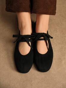 Rosivie 女士休闲百搭通勤简约系带平底鞋 - 黑色 - 查看 3