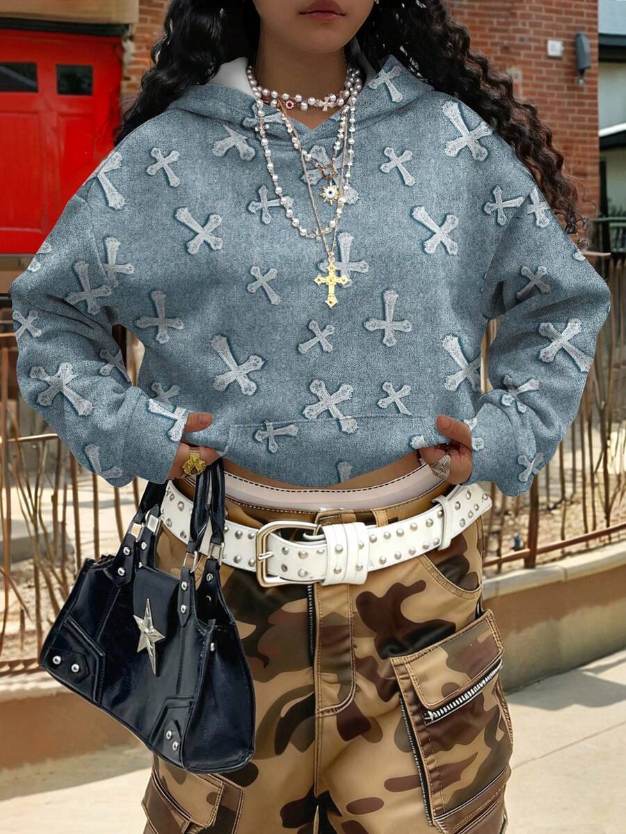 Rovax Gothic Retro High Street Style Denim Effect, Cross Print Women's Loose Fit Casual Sweatshirt, Autumn - Multicolor - View 1