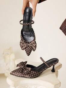 CUCCOO CHICEST Giày cao gót mũi nhọn họa tiết chấm bi trang trí nơ thanh lịch cho nữ - màu nâu - Xem 7