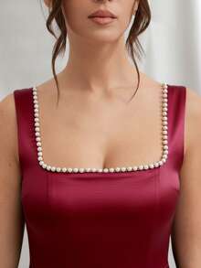 L'Amorae 女士连衣裙，后背饰有串珠蝴蝶结，低圆领露背设计，方领 - 酒紅色 - 查看 3