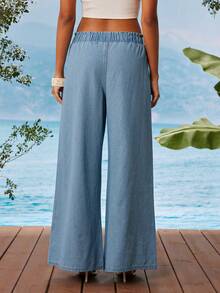 Travachic Quần jeans nữ dáng rộng, màu trơn, cạp chun, ống rộng, kiểu dáng thường ngày. - Rửa nhẹ - Xem 4