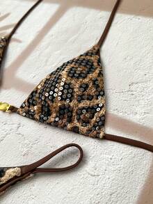 Swim Chiccia Bộ bikini hai mảnh gợi cảm họa tiết da báo buộc dây cổ cho nữ, trang trí vỏ sò kim loại, thích hợp cho bãi biển, khu nghỉ dưỡng và tiệc đêm trên bãi biển. - Nhiều màu - Xem 7