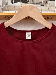 SHEIN 少女休闲纯色圆领短袖串珠上衣（夏季款） - 紅色 - 查看 3