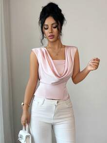 Elenzga 缎面系带露脐上衣，性感落肩设计，收腰剪裁，简约风格，闪亮面料，法式时尚，优雅百搭，适合度假、通勤等各种场合，粉色 - 粉色 - 查看 5