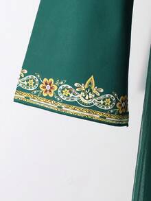 SHEIN Teen Girls Middle Eastern Style Dress,Dark Green Mesh Allover Print Belted Luxury Gown For Autumn Holiday Festivals,Daily Wear & Travel Souvenir - Dark Green - View 8