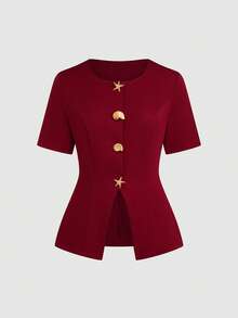 Sweetra Plus Size Metal Buckle Decor Waist Cinched Short Sleeve Jacket - Burgundy - View 9