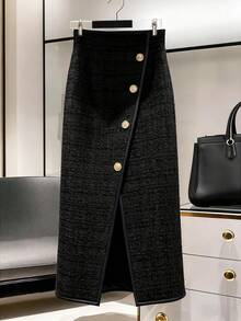 Franclia Petite 2pcs Women's Elegant Off Shoulder Fitted Top With Front Button And Pants Set, Autumn/Winter - Black - View 5