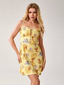TOM & JERRY X SHEIN Women's Cute Cartoon Cheese Print Ruched Knot Front Camisole Nightgown, Summer