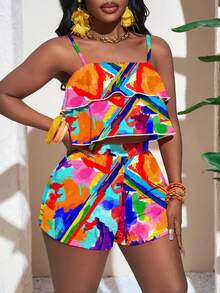 Slaydiva 春夏新品/音乐节/复活节/圣帕特里克节/西部风/游牧风/生日派对/毕业典礼/日常休闲穿搭/度假/邮轮旅行/海滩/日光浴/情人节/时尚博主风/女士双层荷叶边吊带背心套装/抽象泼墨图案 - 彩色 - 查看 7