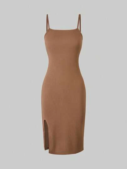 少女休闲日常通勤纯色罗纹针织开衩下摆吊带连衣裙，夏季