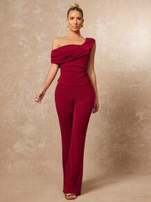 Lumalex VITNOS Dark Red,Summer,Elegant,Party One-Shoulder Draped Knit Sculpted Asymmetrical Silhouette With Ruched Bodice Fluid Stretch Fabric Evening Dress - Burgundy - View 7