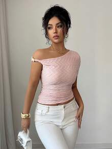 Elenzga Women's Elegant Beach Vacation Knit Asymmetrical Shoulder Top, Pink, Short Sleeve, Fitted, Metal Accent - Purple - View 4