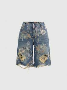 ROMWE Fairycore Summer Outfits Vintage Floral Print Washed Plus Size Women Loose Wide Leg Cropped Jeans - Blue - View 5