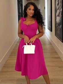 Alexandranx 无袖系带蝴蝶结装饰腰部A字型优雅浪漫女士连衣裙 - 玫紅色 - 查看 6