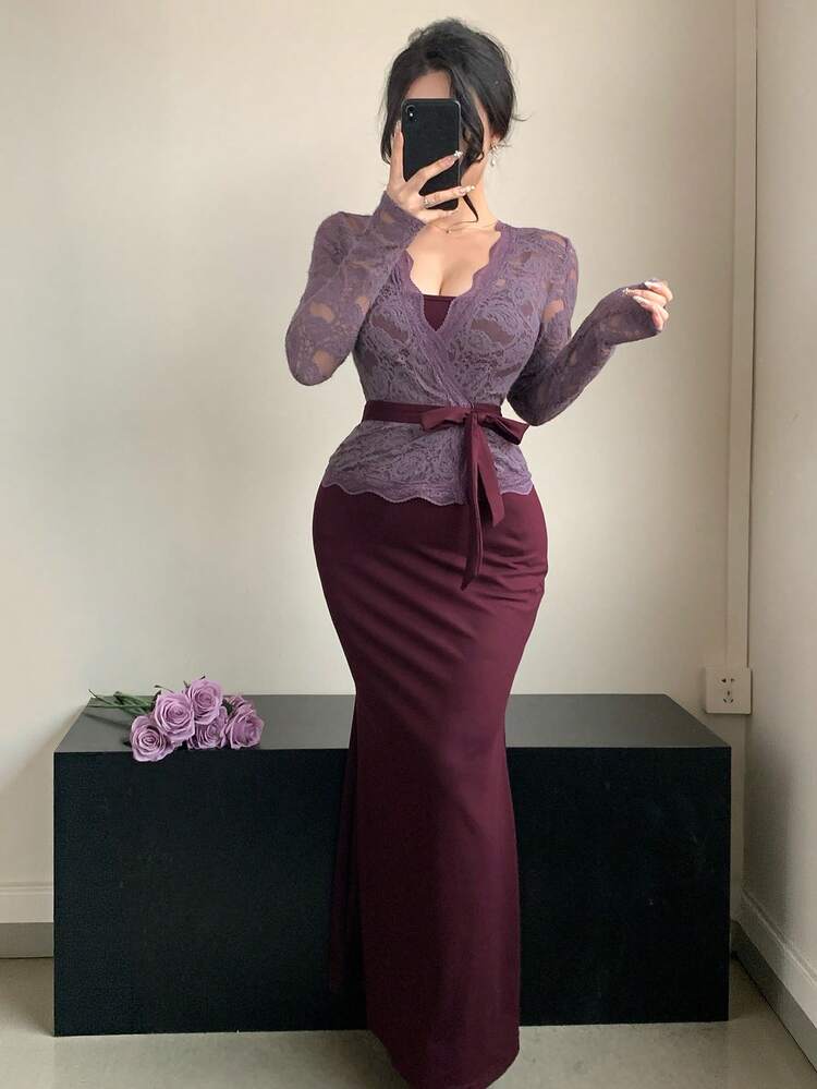 Women's Elegant 2-Piece Set: Spaghetti Strap Mermaid Maxi Dress & Lace V-Neck Long Sleeve Top