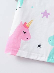 Conjunto de 2 piezas de pijama corto con estampado de unicornio colorido para niñas jóvenes, conjunto de ropa cómoda para el hogar, ropa de dormir para niñas, conjunto de pijama para niñas, ropa para niñas pequeñas, ropa para primavera y verano - Multicolor - Ver 3