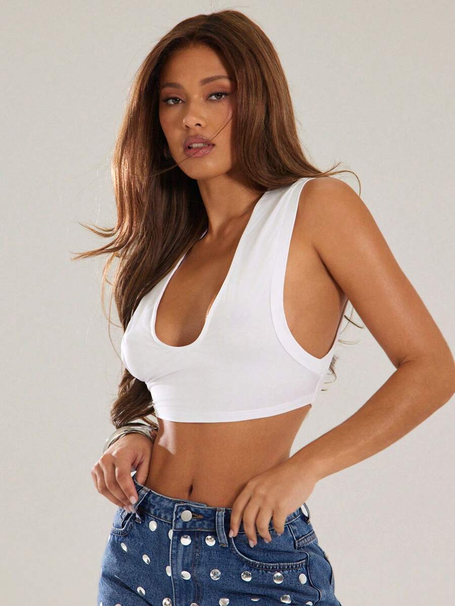 Denimoi Áo croptop cổ tròn chất liệu hơi xuyên thấu, kiểu dáng tank top, thời trang mặc hàng ngày, phong cách đường phố, dự tiệc concert. - trắng - Xem 1