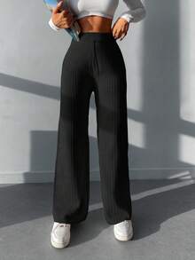 RueChic Solid Rib Knit Wide Leg Trousers - Black - View 6