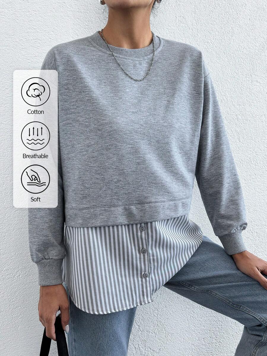 EURMUSE Contrast Striped Print Button Detail 2 In 1 Sweatshirt - Light Grey - View 1