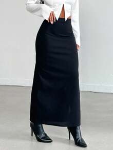 EURMUSE Women's High Slit Long Skirt - Black - View 3