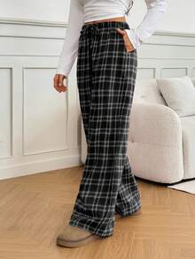 SHEIN Tall Women's Belted Plaid Straight Leg Loose Casual Pants Lounge Pants - Black and White - View 2