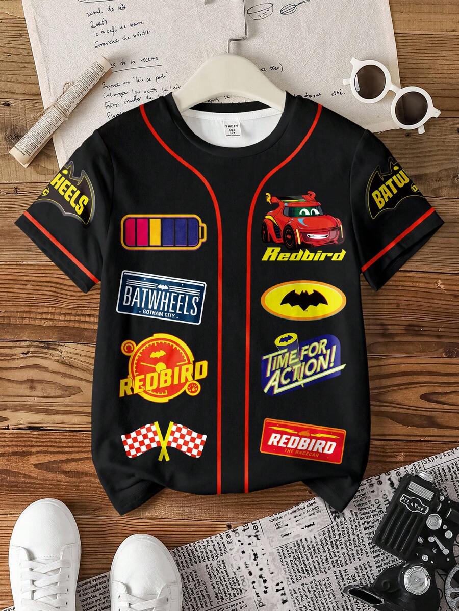 Batwheels X SHEIN Tween Boy Casual Everyday Commute Fashion Street Cartoon Car & Letter Print Contrast Piping Short Sleeve T-Shirt, Summer - White - View 1