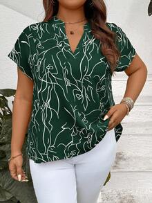 SHEIN LUNE Blouse décontractée à manches courtes pour femmes grandes tailles, minimaliste et , convient pour l'été et les vacances de printemps - Vert sapin - Voir 5