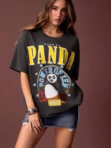SHEIN Kung Fu Panda 女士休闲日常通勤时尚街头卡通字母印花宽松T恤，夏季 - 灰色 - 查看 4