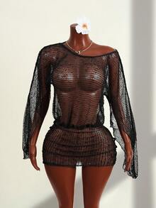 Oceva Damen Jumpsuit mit Pailletten, Raffung und Schlitz-Ärmeln, schlanke schwarze Partybekleidung - Schwarz - Übersicht 2