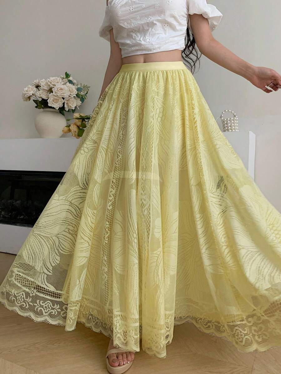 Modelyn 纯色优雅复古梭织伞形半身长裙女装 - 淡黃色 - 查看 1