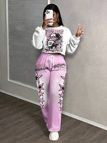 Slaydiva Fuchsia Pink Autumn 90s Everyday Plus Size Women Casual 70's Street Style Loose 2 Pieces Set Star Print Y2k Outfit Pants Set Light Pink Formal - Multicolor - View 1