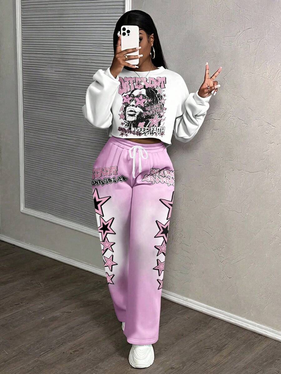 Slaydiva Fuchsia Pink Autumn 90s Everyday Plus Size Women Casual 70's Street Style Loose 2 Pieces Set Star Print Y2k Outfit Pants Set Light Pink Formal - Multicolor - View 1