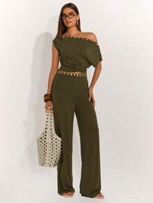 SHEIN BAE Women's Army Green Everyday Casual Comfort Knitted Button-Decorated Straight Leg Pants. Suitable For Casual Wear, Commuting, Beachwear, Vacations, Summer, Spring Break, And More, Going Out, Beach For Women - Army Green - View 4