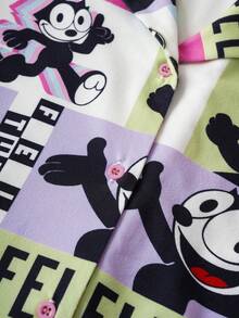 Felix The Cat X SHEIN Bộ đồ ngủ tay ngắn in họa tiết dễ thương toàn thân cài nút phía trước dành cho nữ, mùa hè - Nhiều màu - Xem 8