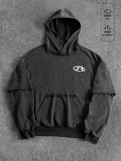 Herren Vintage gewaschener Hoodie mit Fake Zweiteiler Design, locker geschnitten