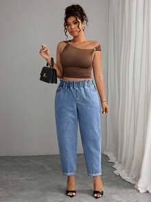 Elenzga 大码女式弹性腰带口袋锥形休闲百搭牛仔裤