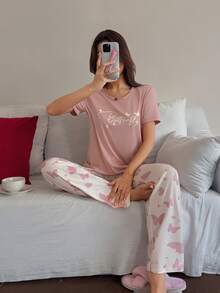 Dream Adore 蝴蝶字母印花短袖睡衣套装（女士款） - 粉色 - 查看 3
