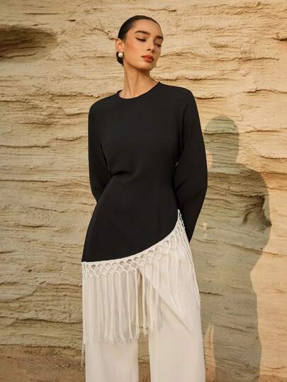 Graceveil Women's Solid Color Minimalist Long Sleeve Shirt, Casual Everyday Wear Asymmetrical Top Full Sleeve Top Modest Top Fringe Trim Top Minimalist Clothes Women Long Sleeve Top Tops For Women Modest Tops For Women