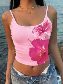 SHEIN EZwear Áo tank top crop dáng ôm in hoa dành cho nữ, thích hợp mặc mùa hè. - Hồng - Xem 7